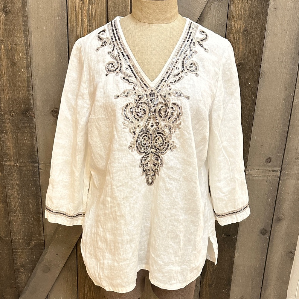 Charter Club Linen Sequin Embroidered Tunic Top Petite Medium White Boho Resort